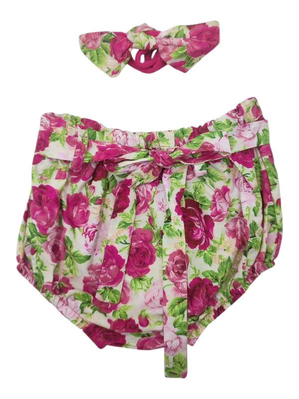 Cream pink and green floral diaper cover with matching headband
