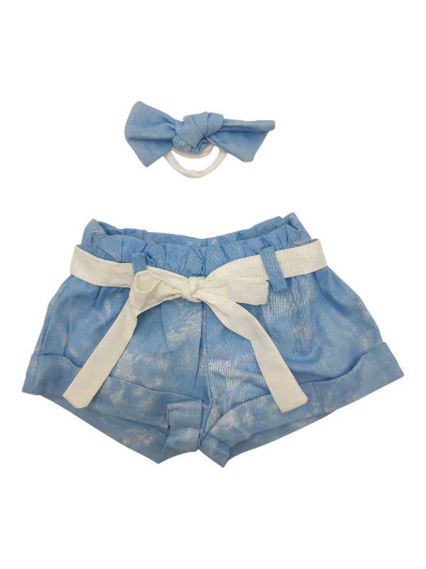 Washed denim paperbag shorts with matching belt and coordinating headband for girls