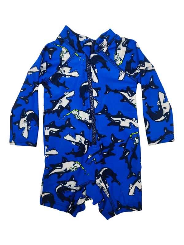 Royal blue shark boys swimsuit with press studs