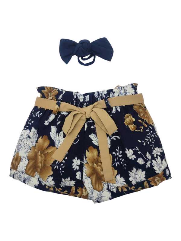 Navy floral paperbag shorts with matching belt and coordinating headband for girls