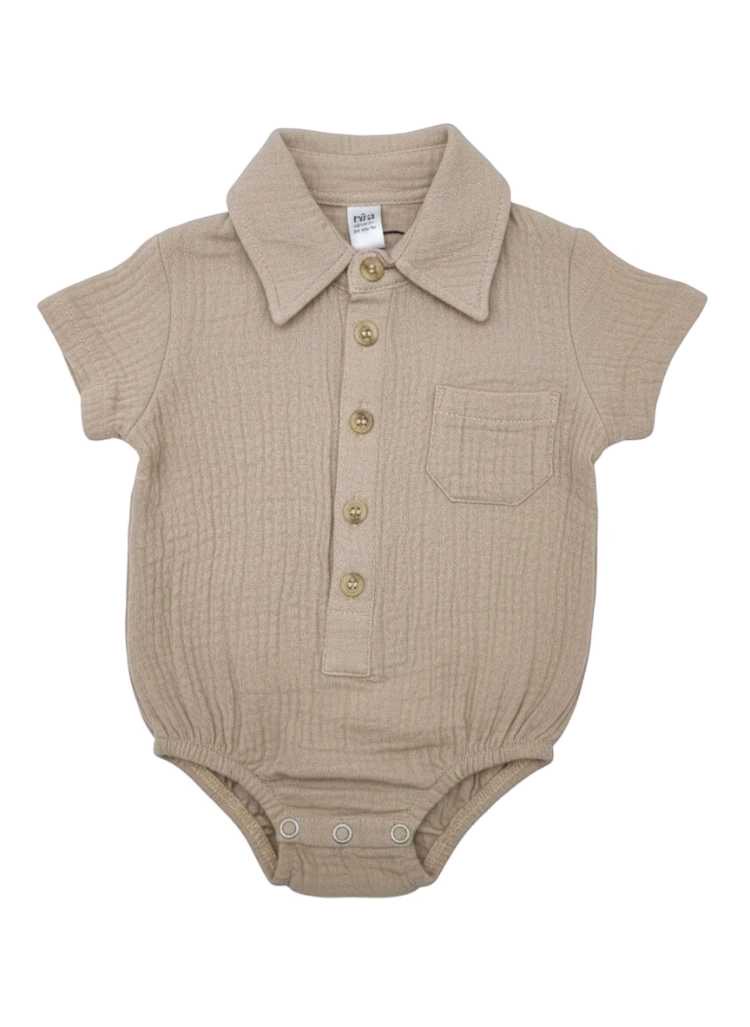 Beige muslin romper for boys made from soft breathable muslin fabric