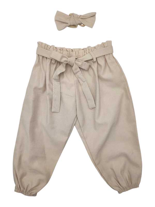 Beige long paperbag pants and headband set for kids