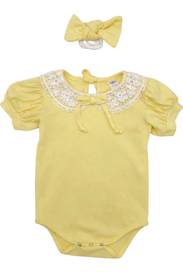Baby yellow cotton lycra vest with floral lace collar and matching headband