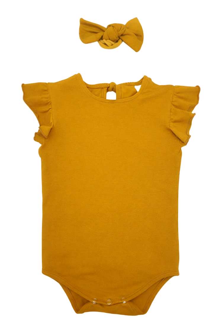 Mustard baby vest with frilly sleeves and matching headband