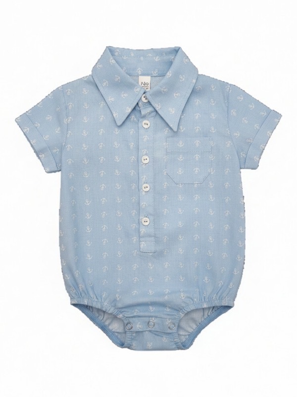 Baby blue and white anchor cotton shirt romper for baby boys