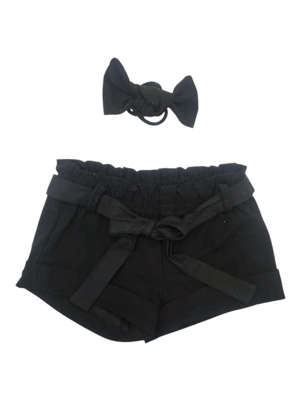 Black short paperbag pants with matching belt and headband made from Bengaline fabric