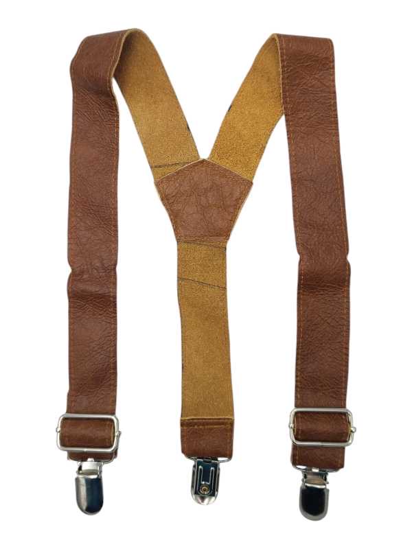 Chestnut brown leather suspenders for boys with adjustable straps