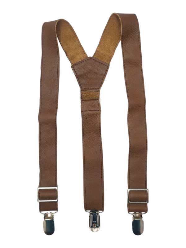 Cognac brown leather suspenders for boys with adjustable straps