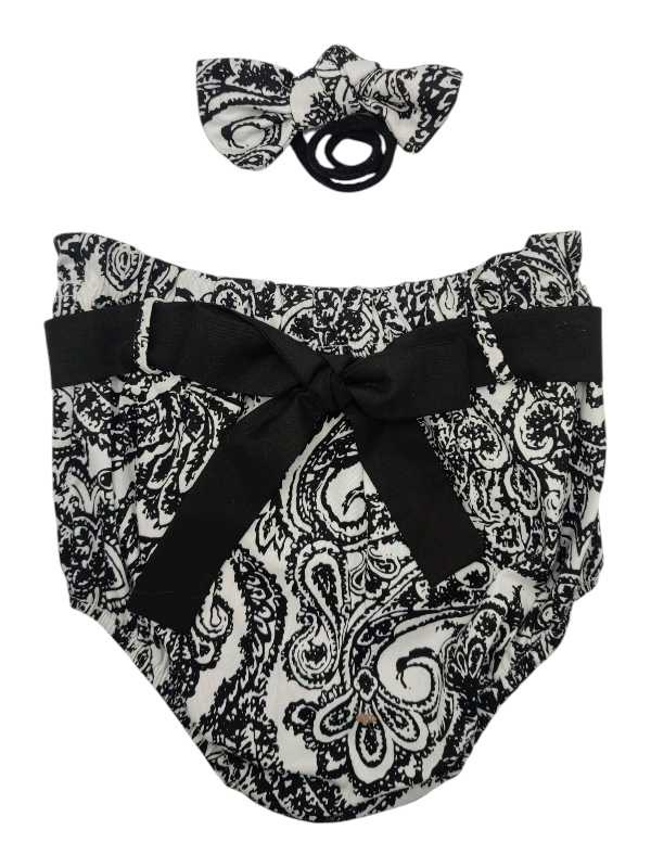 Black and white paisley diaper cover with black bow detail and matching headband