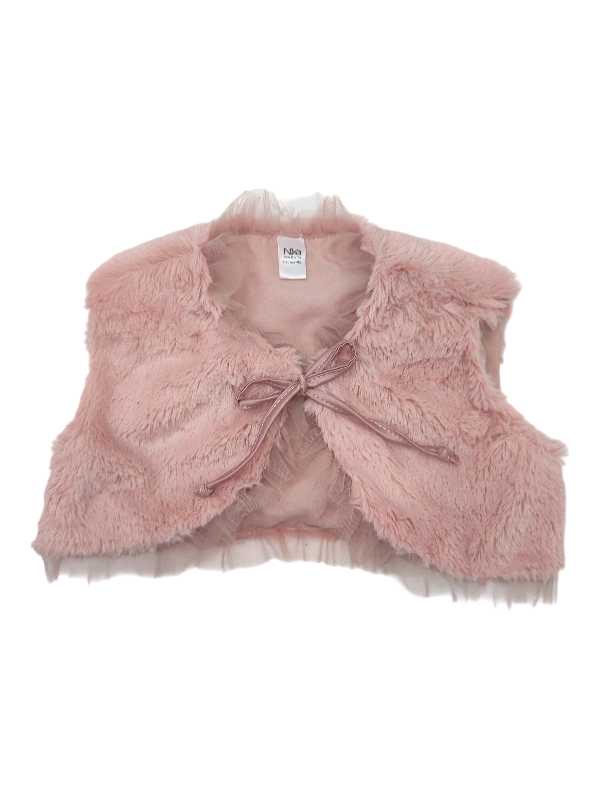 Dusty pink faux fur satin-lined bolero with tulle detailing and front tie bow