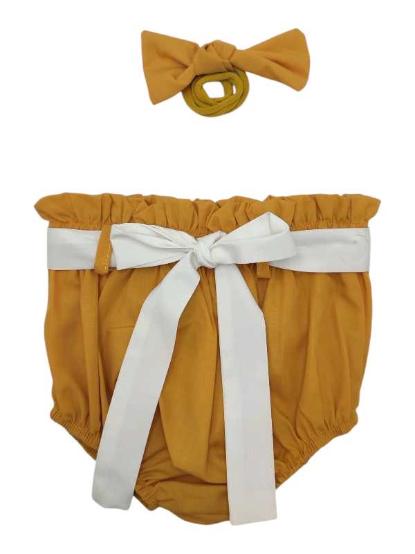 Mustard and cream diaper cover with white belt and matching headband