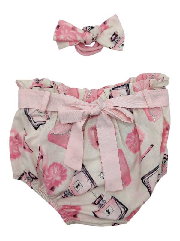 Cream and pink fashion print diaper cover with matching bow headband for baby girls