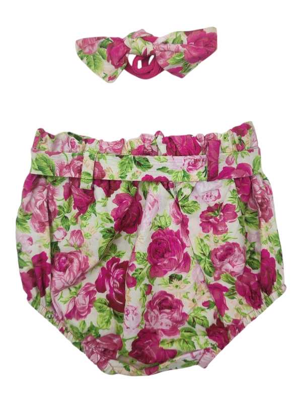 Cream, pink and green floral diaper cover and headband set - Image 2