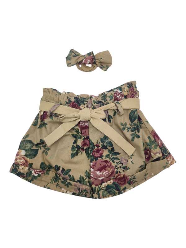 Dark beige and burgundy floral paperbag shorts with matching belt and headband set