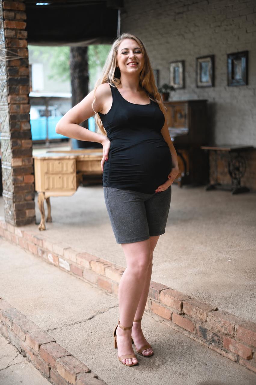 Grey maternity shorts with stretch belly band
