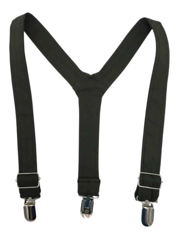 Olive suspenders for boys with adjustable straps and metal clips