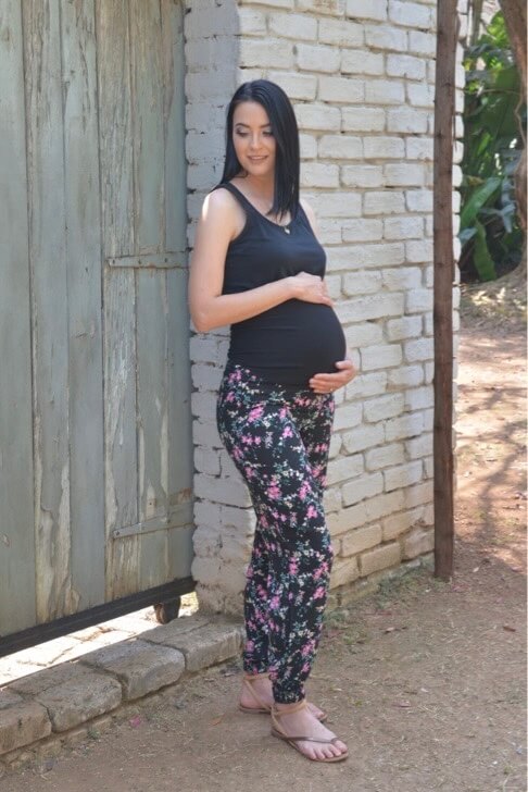 Black and pink floral maternity pants with belly band