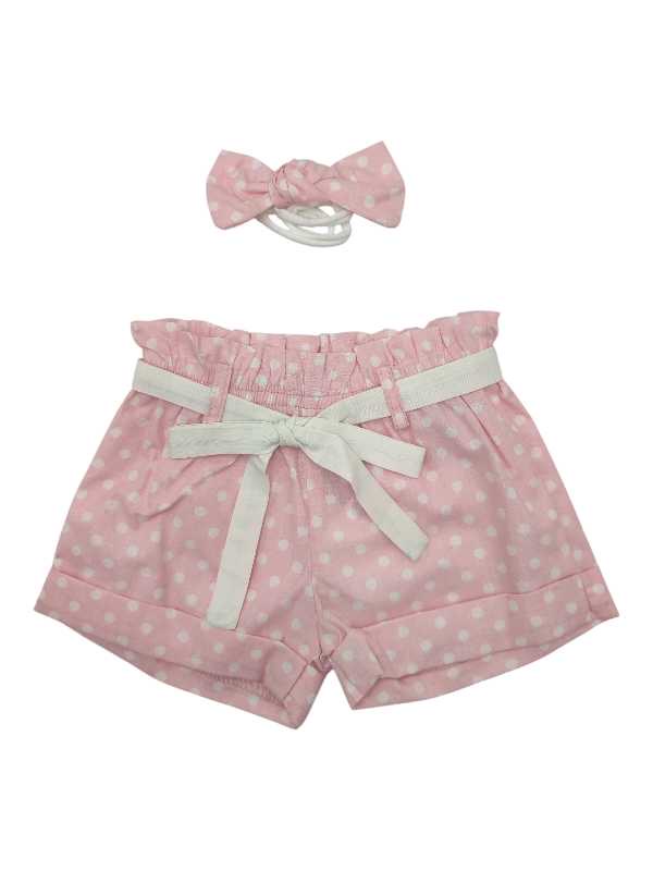 Pink and white polka dot short paperbag pants and headband set