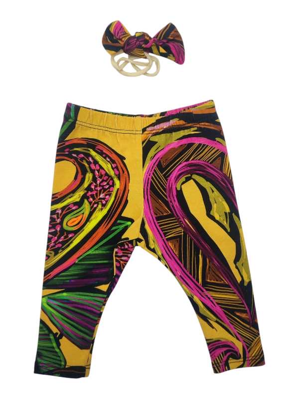 Funky yellow print leggings with colourful pattern and matching headband for girls