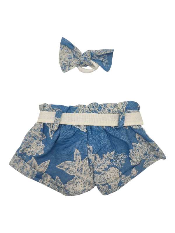 Dark floral denim short paperbag pants and headband set - Image 2