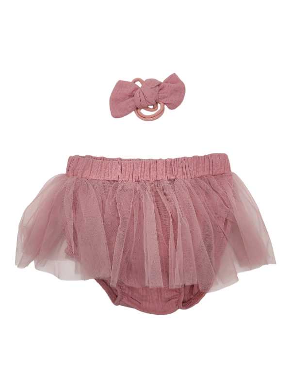 Dusty pink muslin tutu diaper cover with matching headband