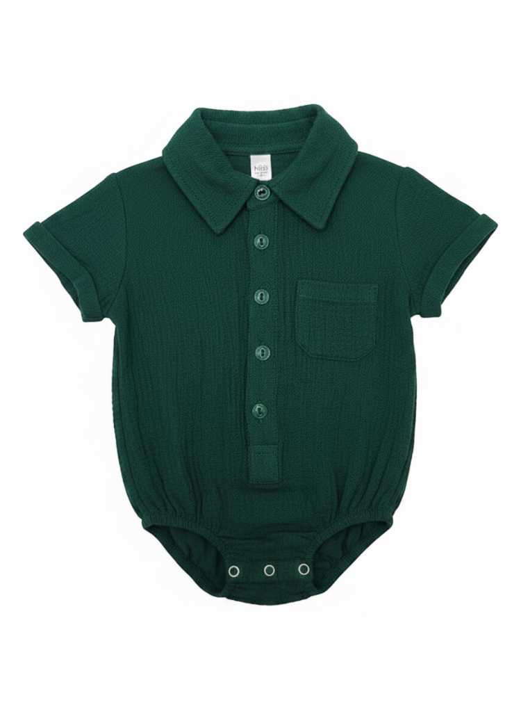 Forest Green Muslin Romper for baby boys with collar and press studs