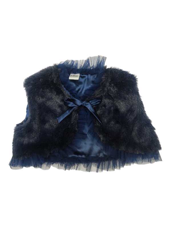 Navy faux fur satin-lined bolero with tulle detailing and front tie bow