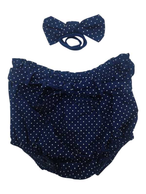 Navy and white polka dot diaper cover with matching headband
