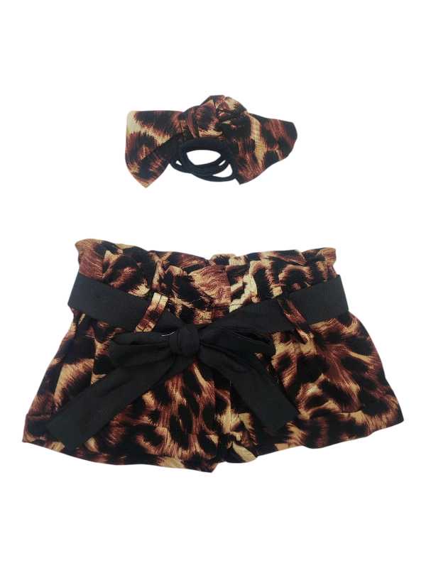 Leopard viscose paperbag shorts with matching belt and coordinating headband for girls