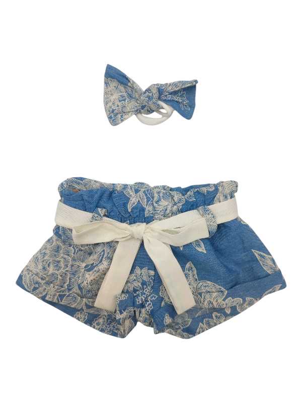 Dark floral denim paperbag shorts with matching belt and headband set for girls