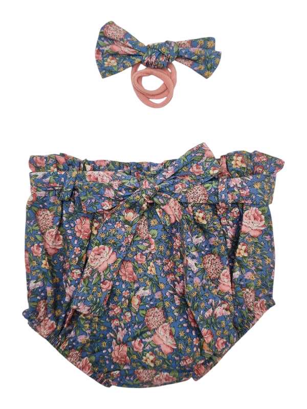 Vintage blue and pink diaper cover with matching headband