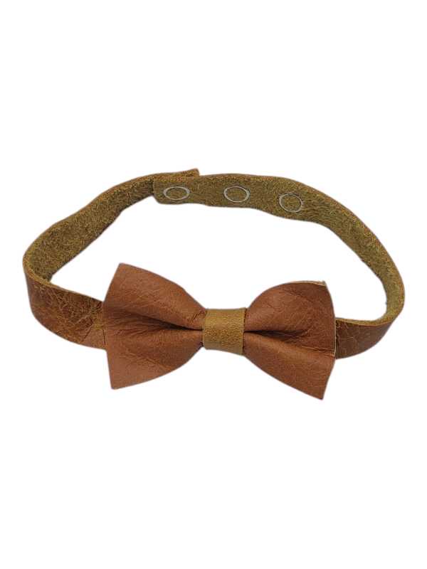 Tan brown leather bow tie with adjustable strap