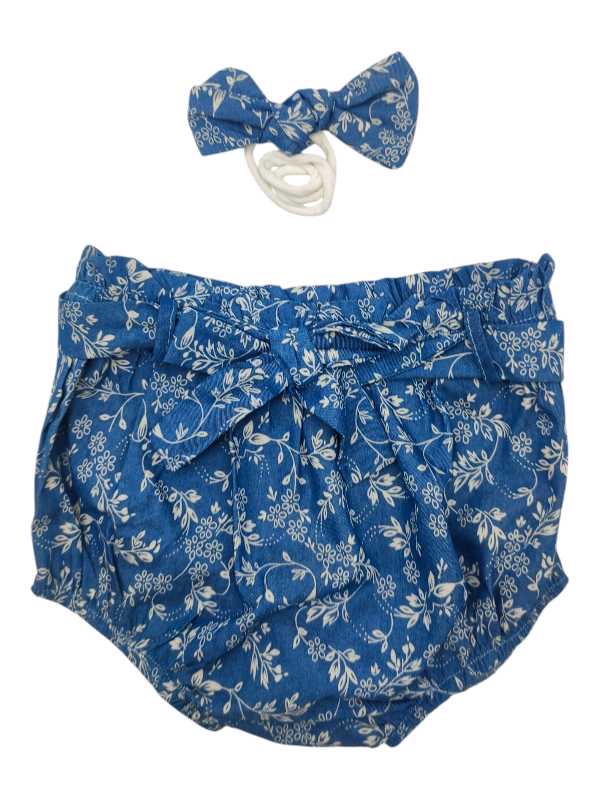 Denim and cream floral diaper cover with matching headband