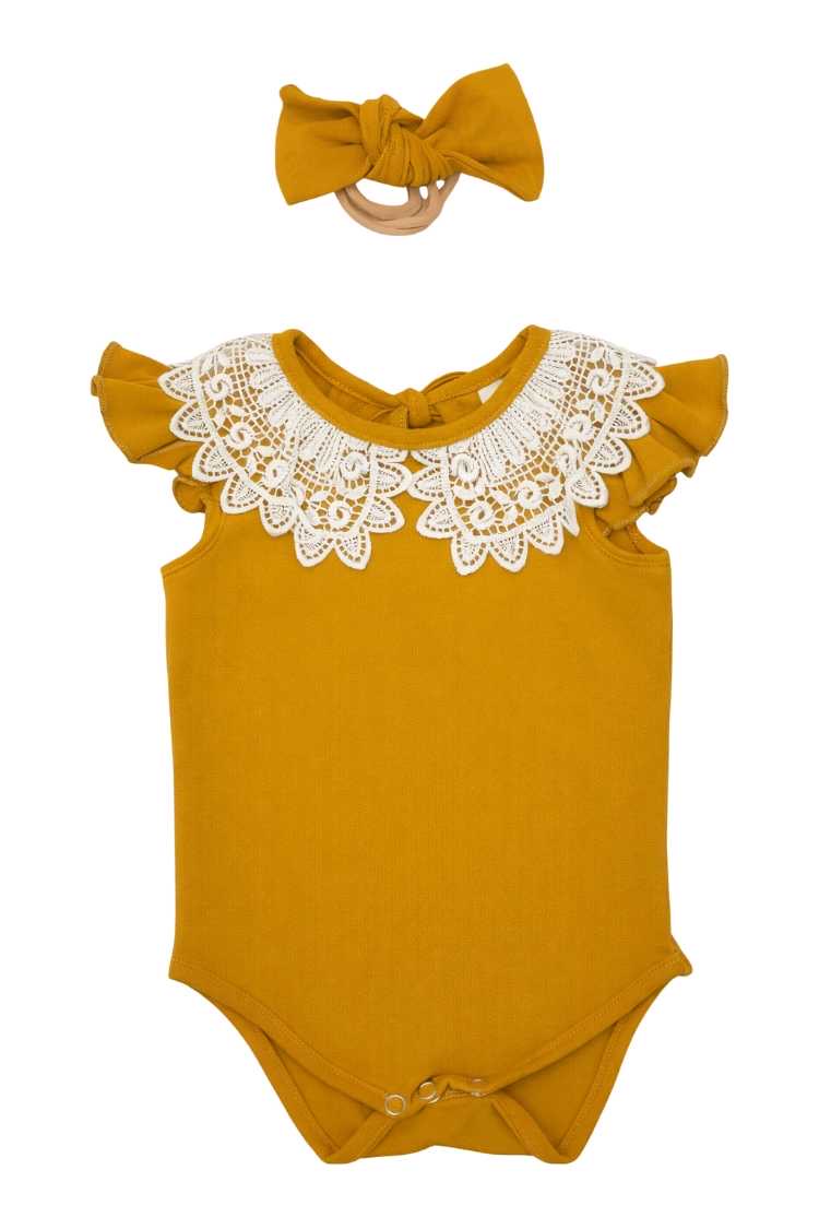 Mustard baby vest with white lace collar and matching headband