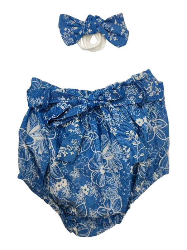 Denim and cream floral diaper cover with matching headband