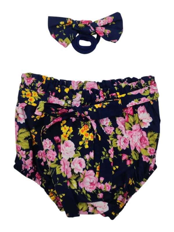 Navy, pink and yellow floral diaper cover with matching headband