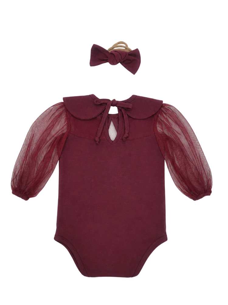 Maroon vest with tulle yoke, sleeves and headband set - Image 2