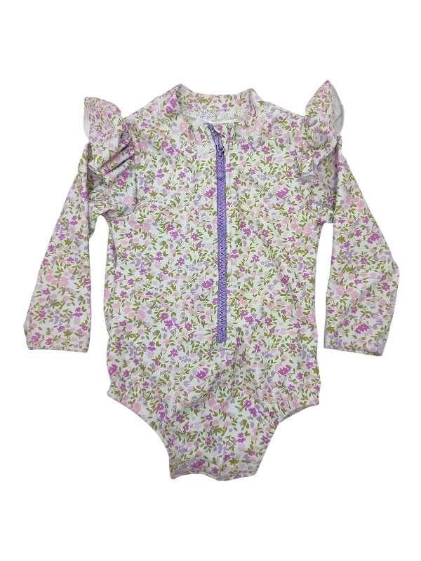 White, pink and purple floral swimsuit with press studs