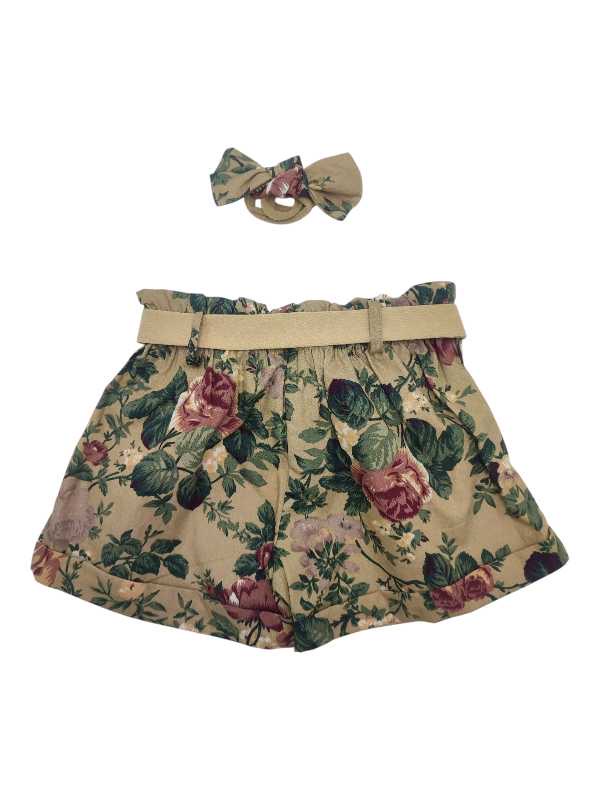 Dark beige and burgundy floral short paperbag pants and headband set - Image 2