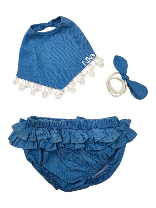 Denim diaper cover with lace bib and matching headband set