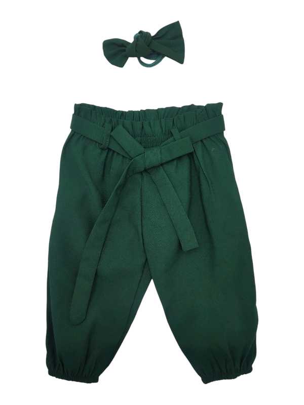 Forest green long paperbag pants and headband set for kids