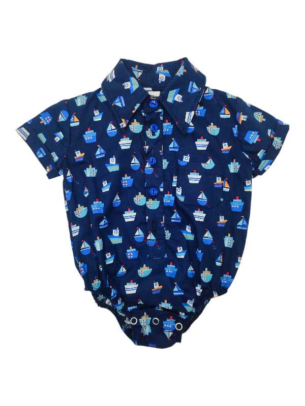 Navy boat romper shirt made from soft cotton fabric for baby boys