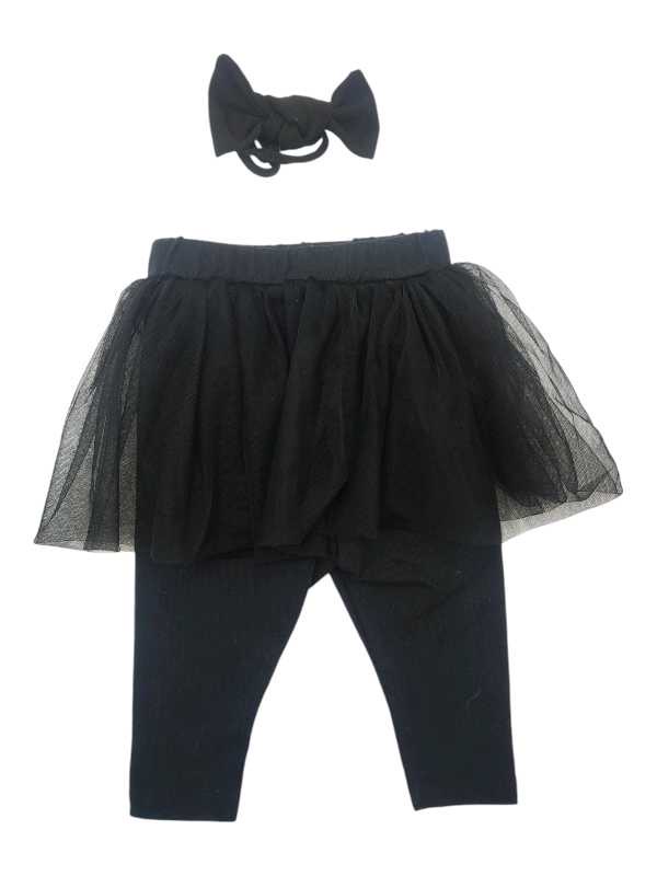 Black leggings with attached tulle tutu skirt and matching headband for girls