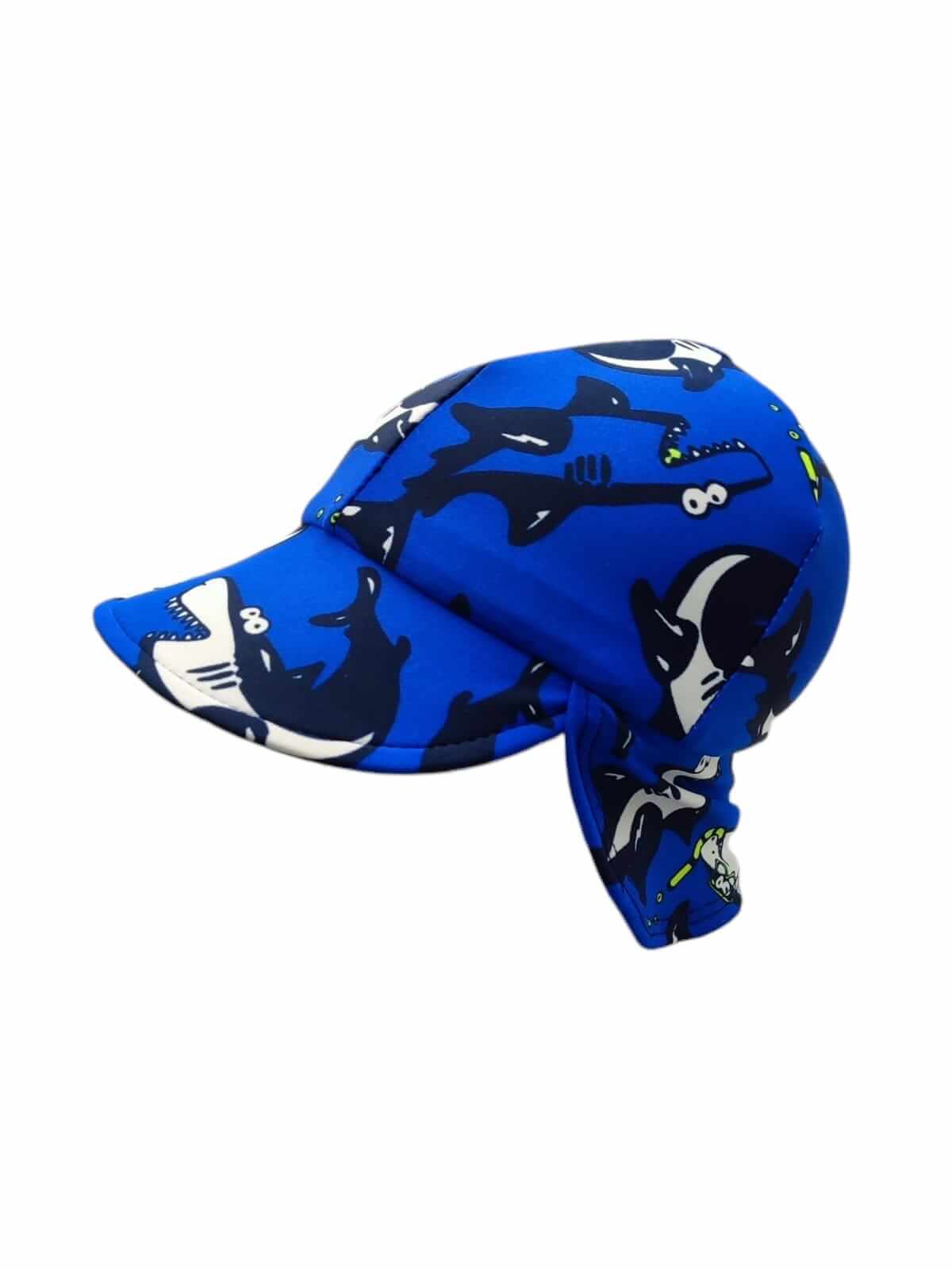 Royal blue shark swim hat made from Lycra fabric for boys