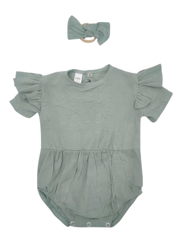 Sage green baby romper with frill sleeves and matching headband