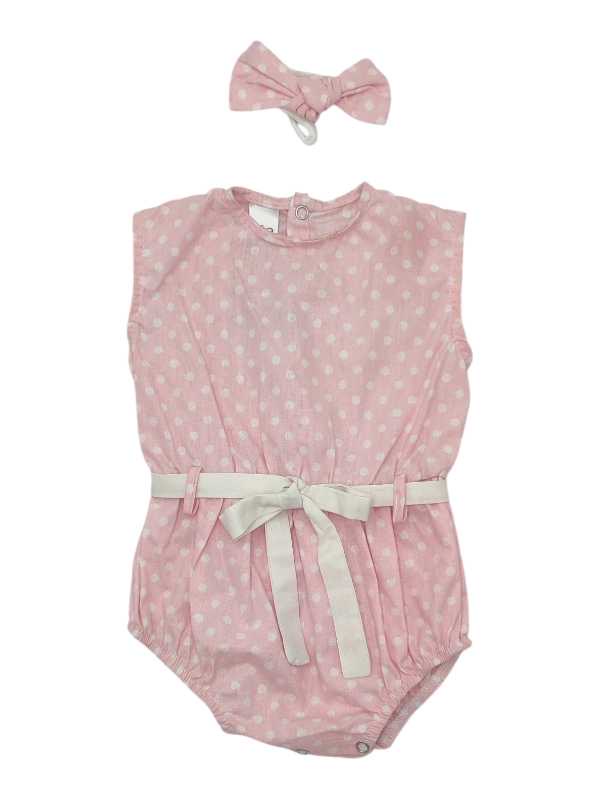 Baby pink polka dot cotton romper with matching belt and headband set