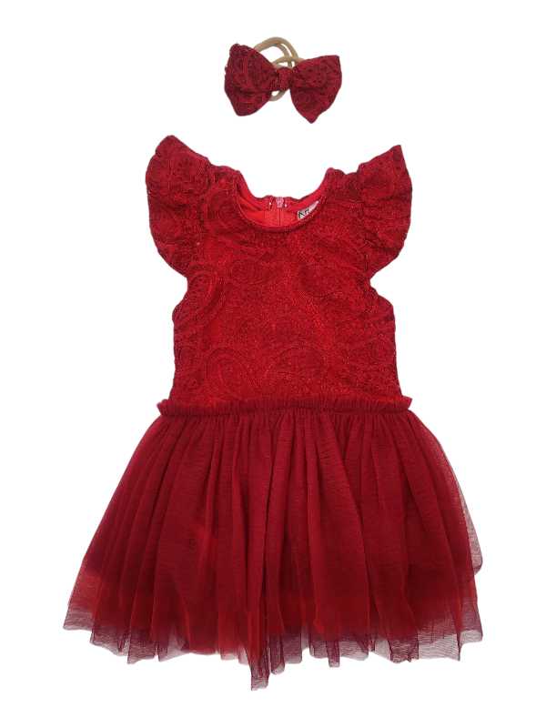 Red lace tutu dress with flutter sleeves and matching headband