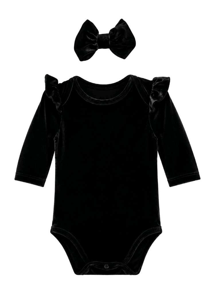 Black velvet baby vest with puff sleeves and matching headband
