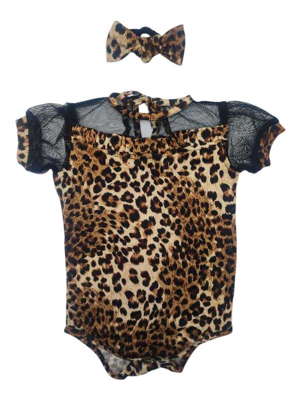 Leopard print baby vest with black tulle sleeves and matching headband