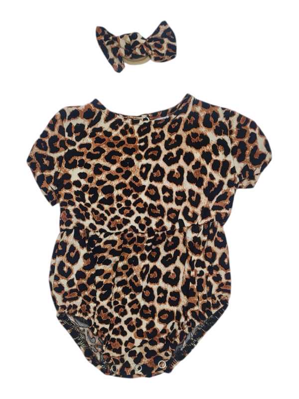 Brown leopard print viscose romper with matching headband